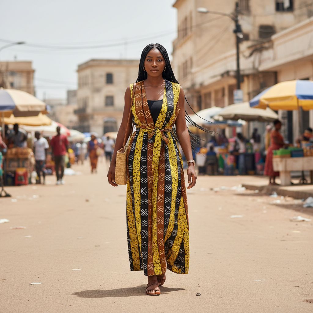 Kimono africain femme motif ethnique, jaune noir marron, chic et élégant