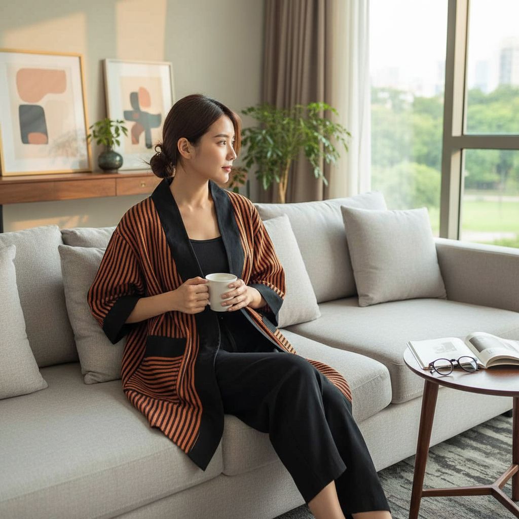 Kimono coton femme long rayé orange noir - Élégant et confortable 2024