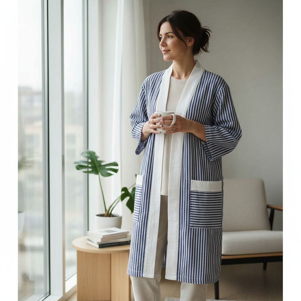 Kimono coton femme long rayé bleu blanc – Peignoir élégant 100% coton