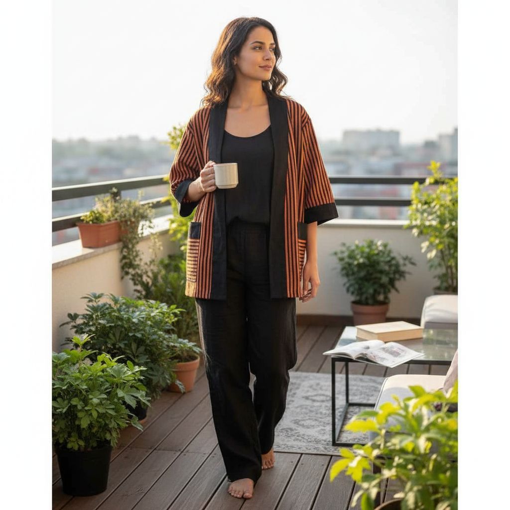 Kimono coton femme long rayé orange noir - Élégant et confortable 2024