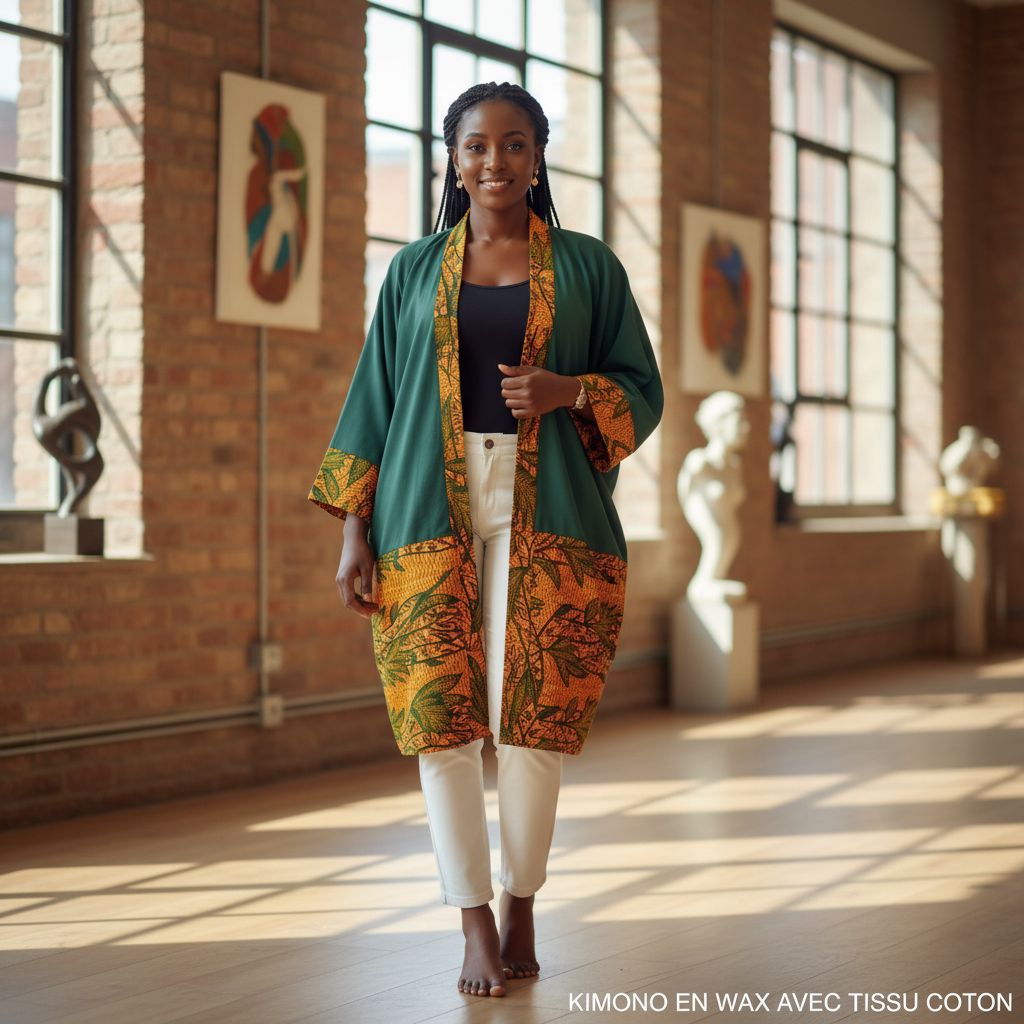 Kimono en wax femme vert XL, kimono coton imprimé africain chic