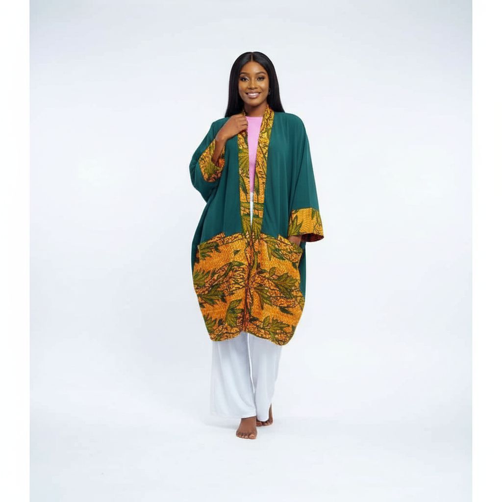 Kimono en wax femme vert XL, kimono coton imprimé africain chic