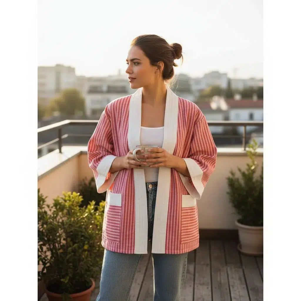 Kimono femme coton tissé rose – Veste kimono moderne élégante 2024