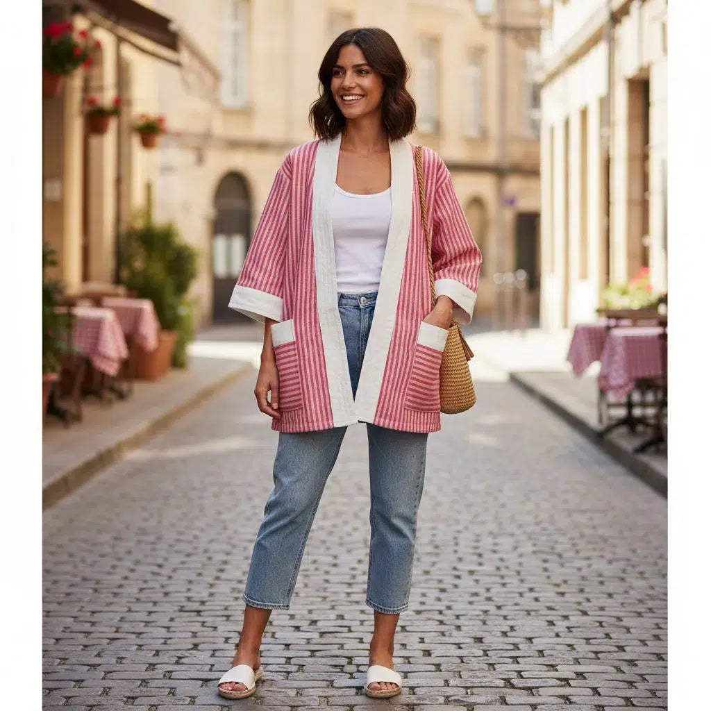 Kimono femme coton tissé rose – Veste kimono moderne élégante 2024