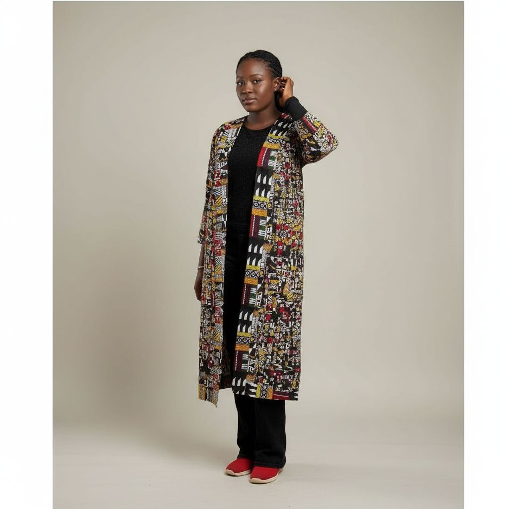 Kimono femme ethnique long multicolore en coton, manteau imprimé élégant , cousu avec des bandes traversées en forme croisées.