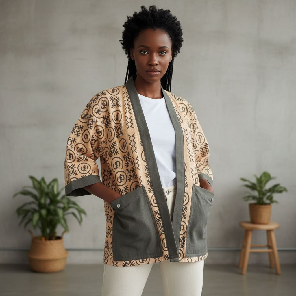 Kimono femme ethnique artisanal en coton lin, style japonais revisité