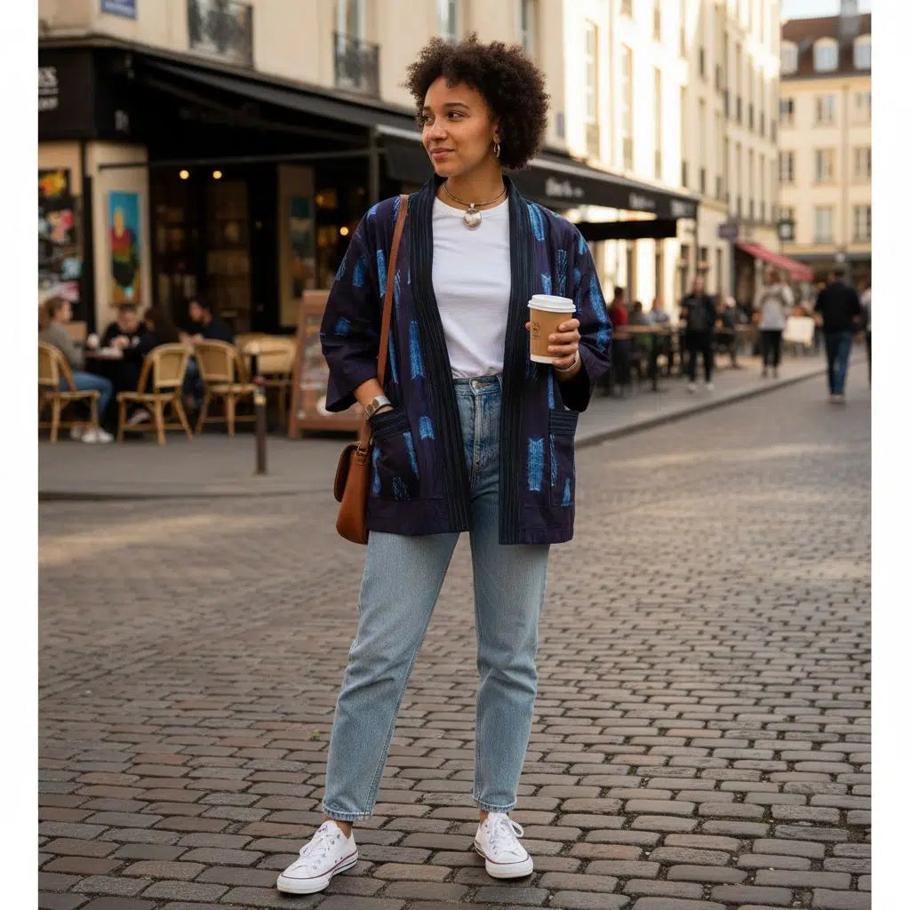 Kimono femme indigo ample – Veste kimono coton bohème chic imprimé géométrique