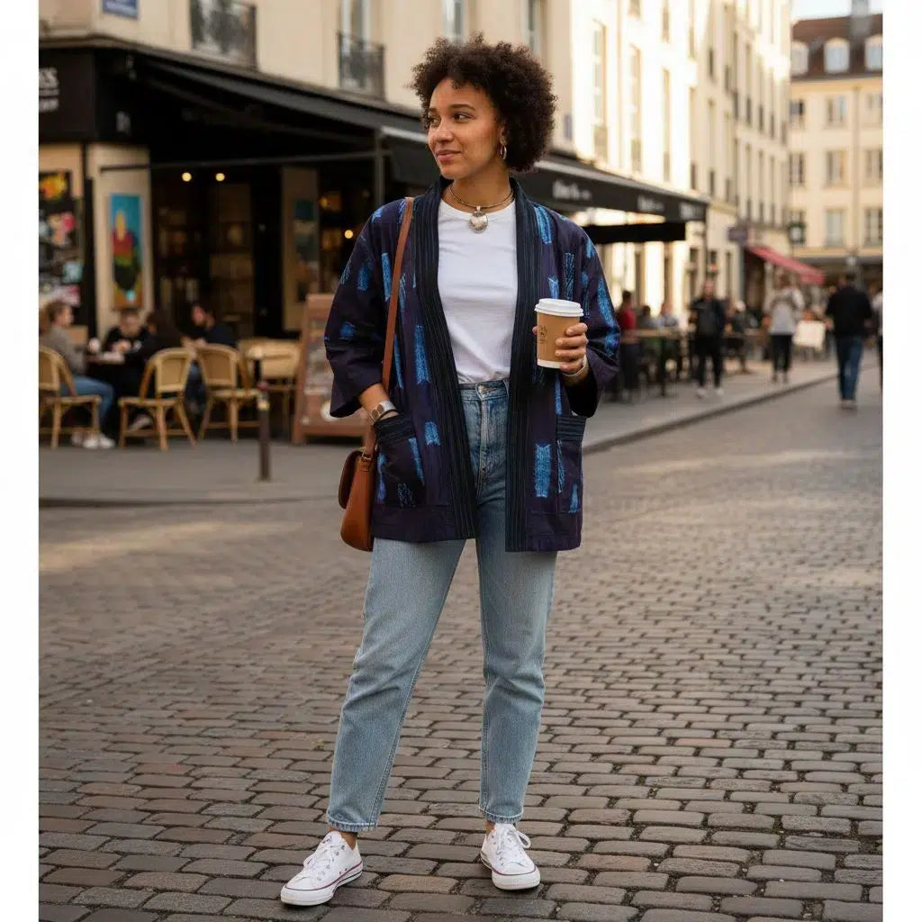 Kimono femme indigo ample – Veste kimono coton bohème chic imprimé géométrique