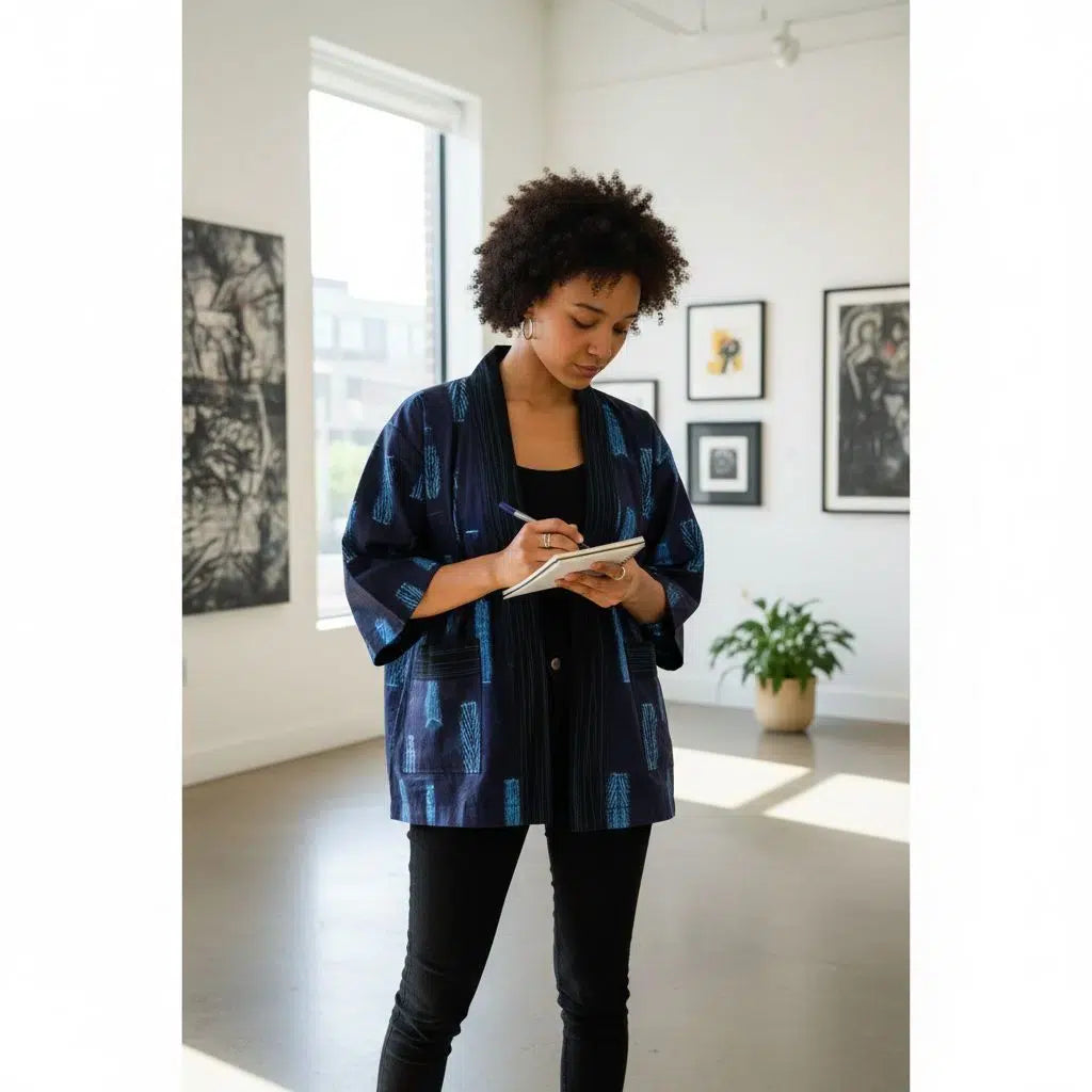 Kimono femme indigo ample – Veste kimono coton bohème chic imprimé géométrique