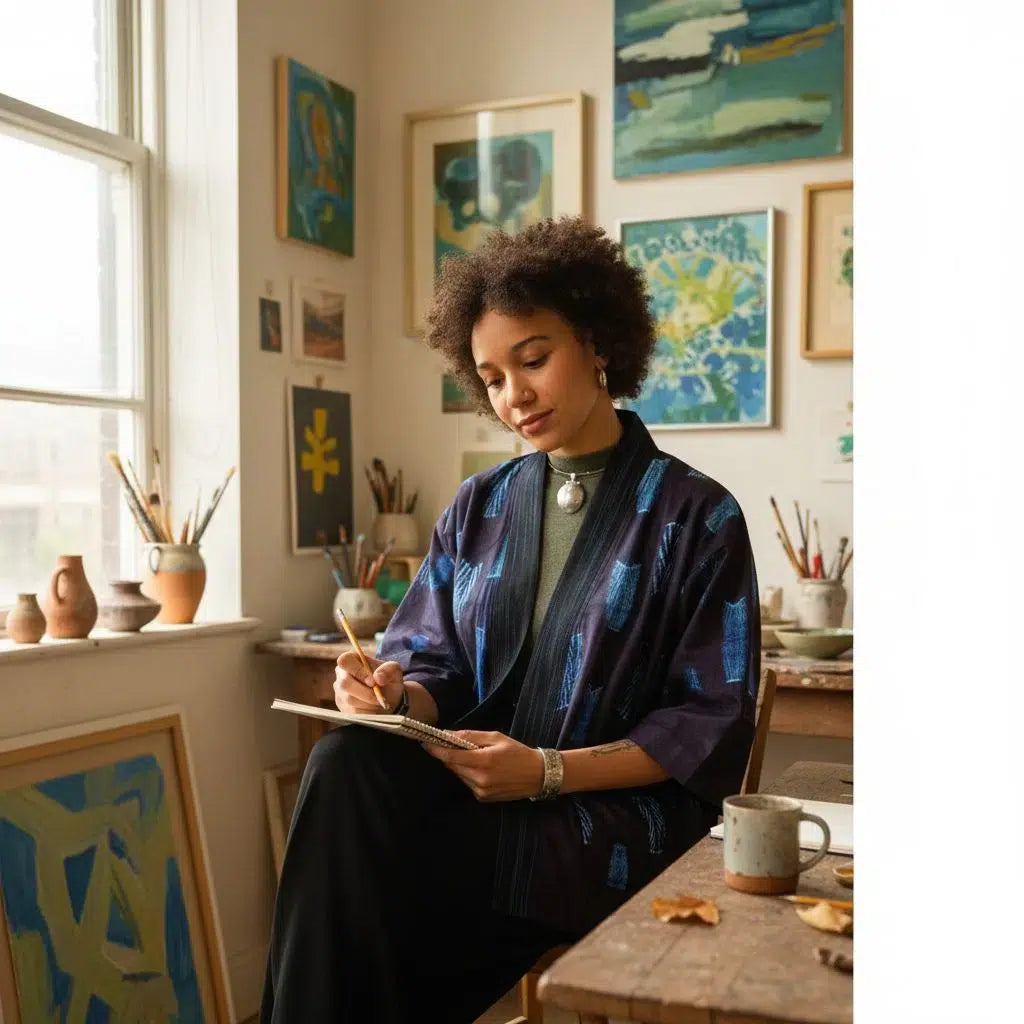 Kimono femme indigo ample – Veste kimono coton bohème chic imprimé géométrique