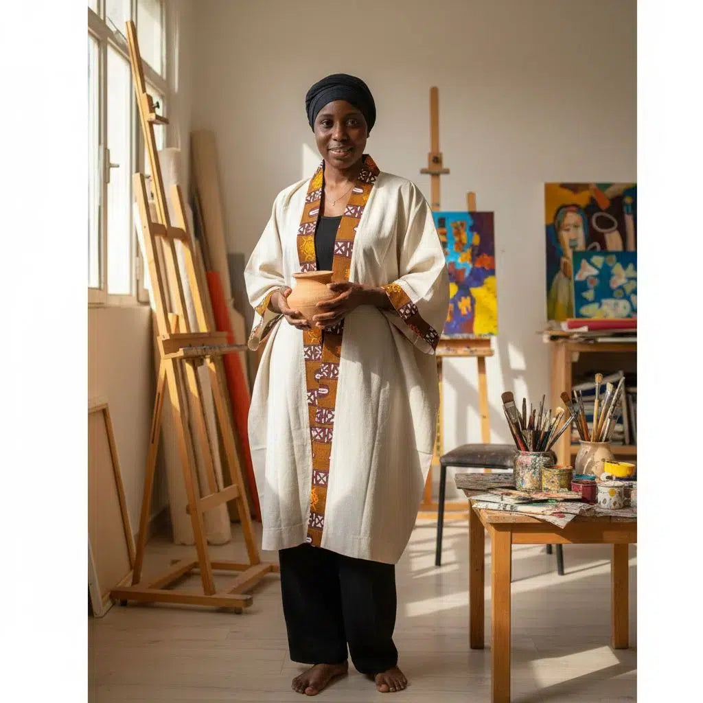 Kimono femme lin beige XL élégant avec motif wax ethnique