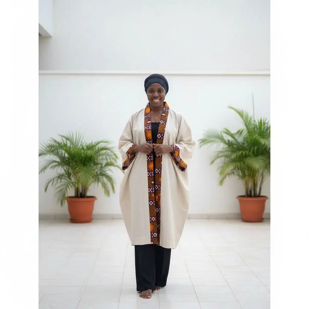 Kimono femme lin beige XL élégant avec motif wax ethnique