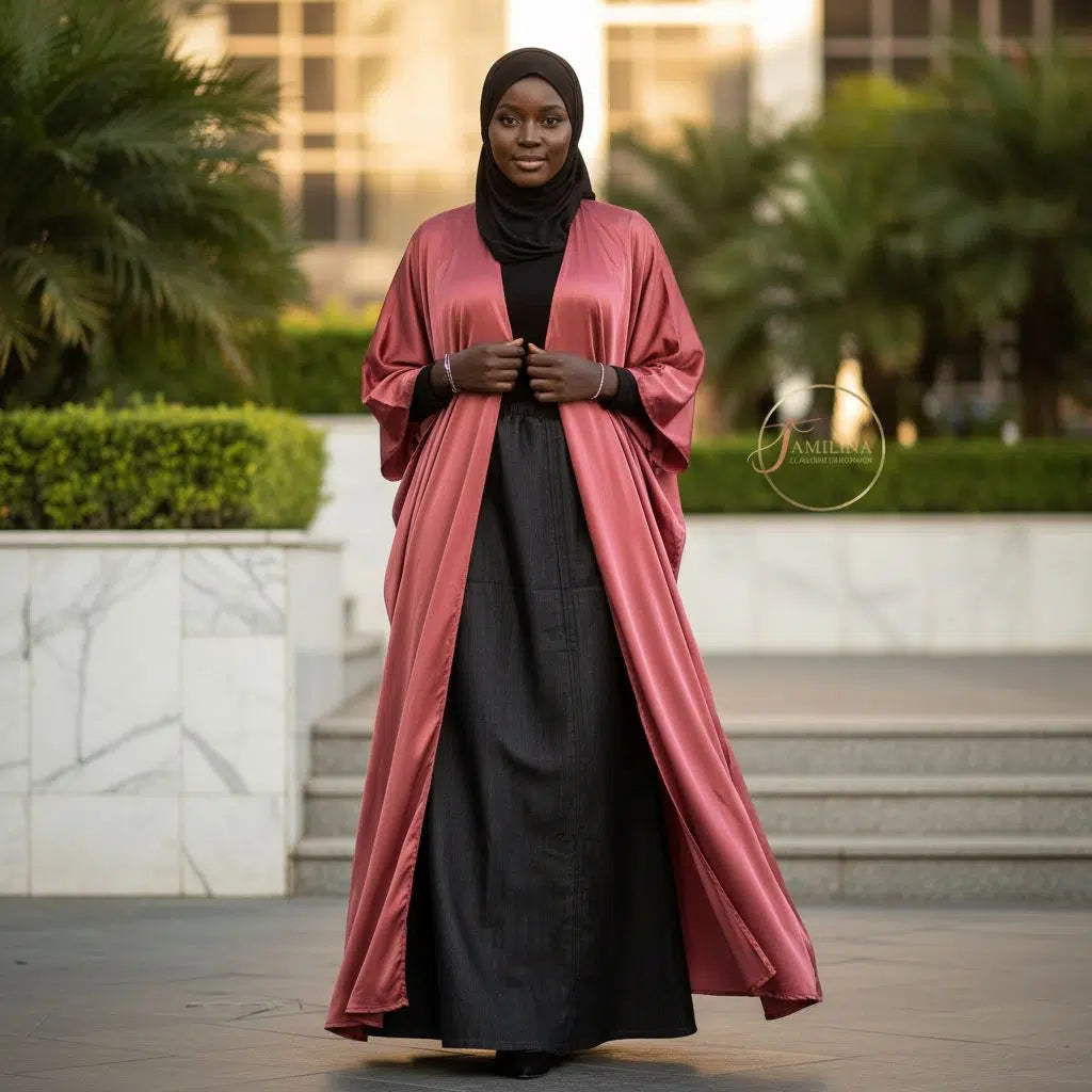 Ensemble kimono long femme rose satiné et jupe en jean noire