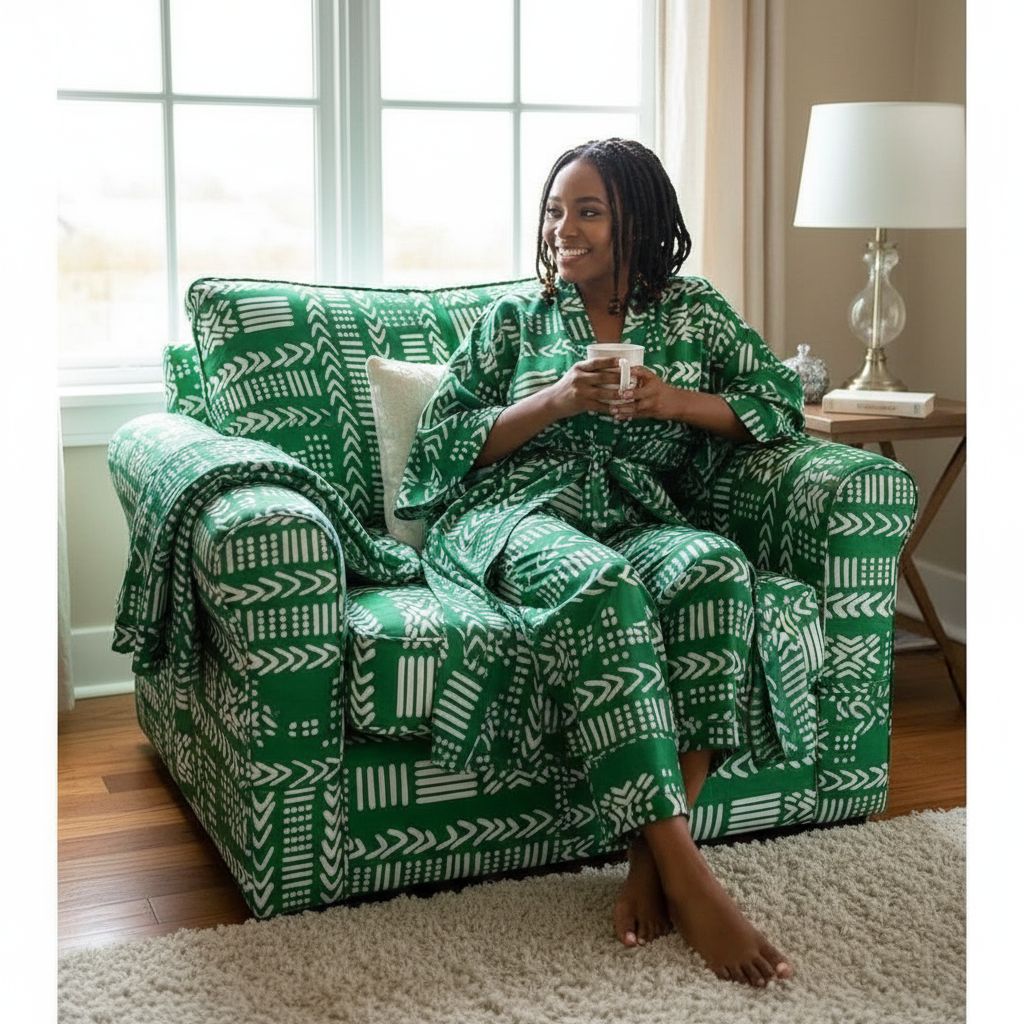 Kimono pyjama femme en soie wax vert, imprimé bogolan élégant