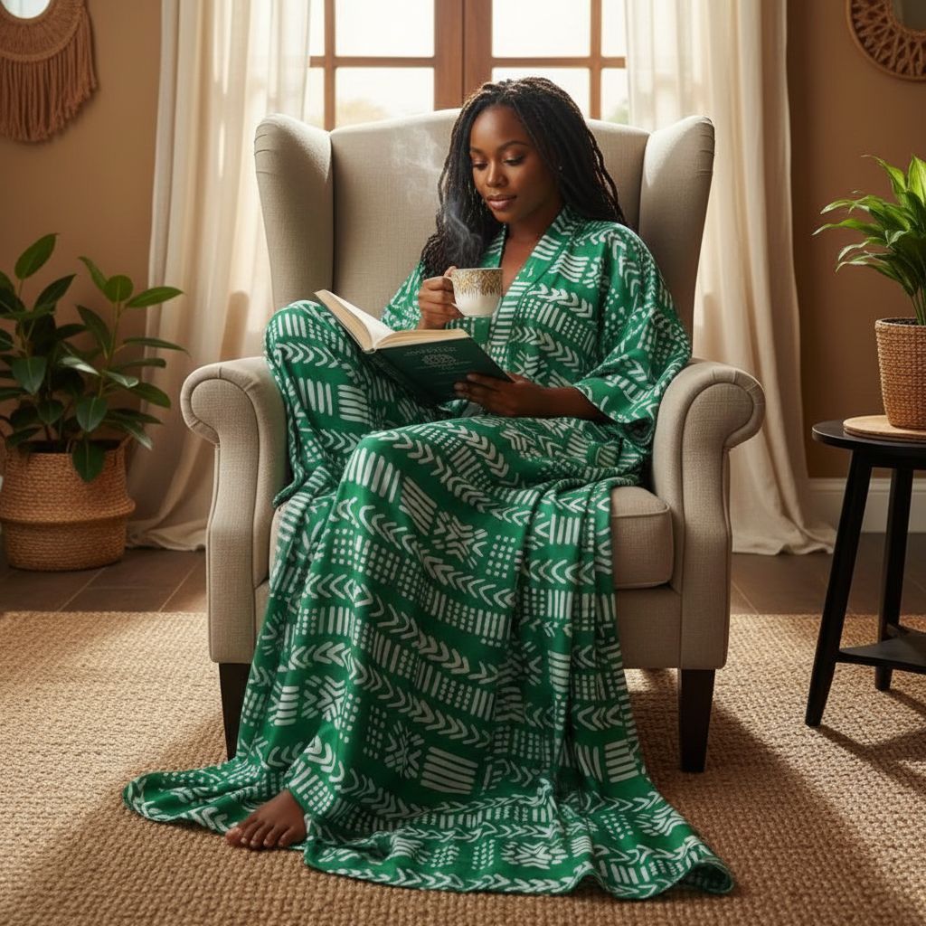 Kimono pyjama femme en soie wax vert, imprimé bogolan élégant