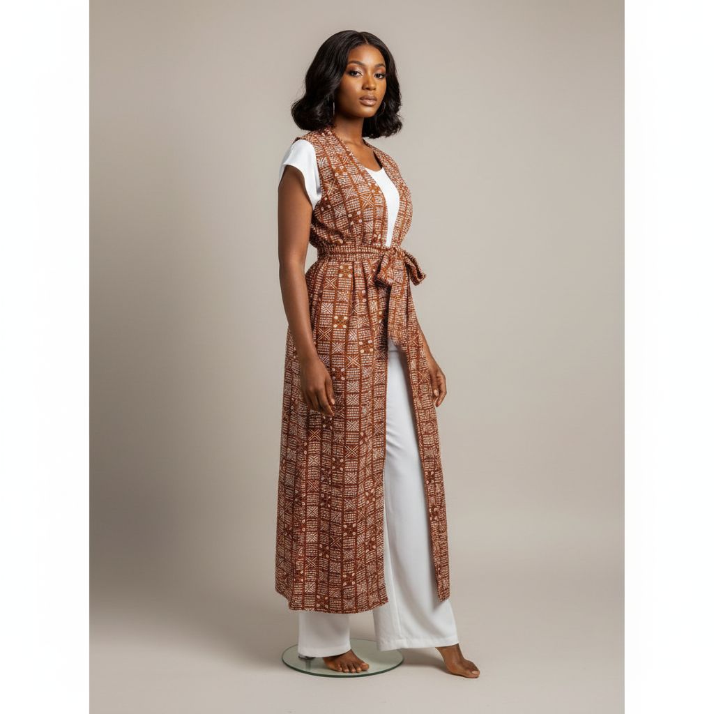Kimono sans manches femme terracotta motif africain bohème chic