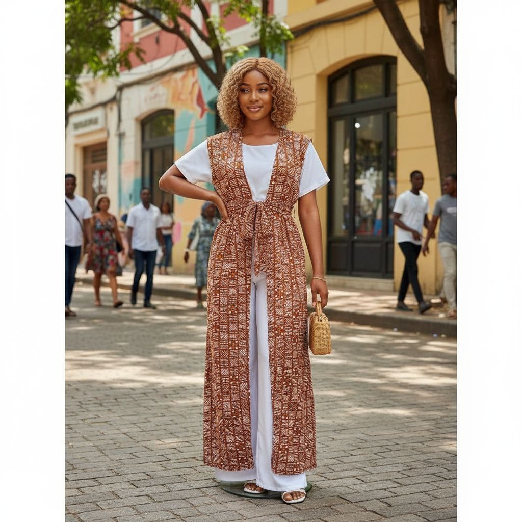 Kimono sans manches femme terracotta motif africain bohème chic