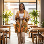Kimono wax femme orange en coton, manteau long africain chic XL