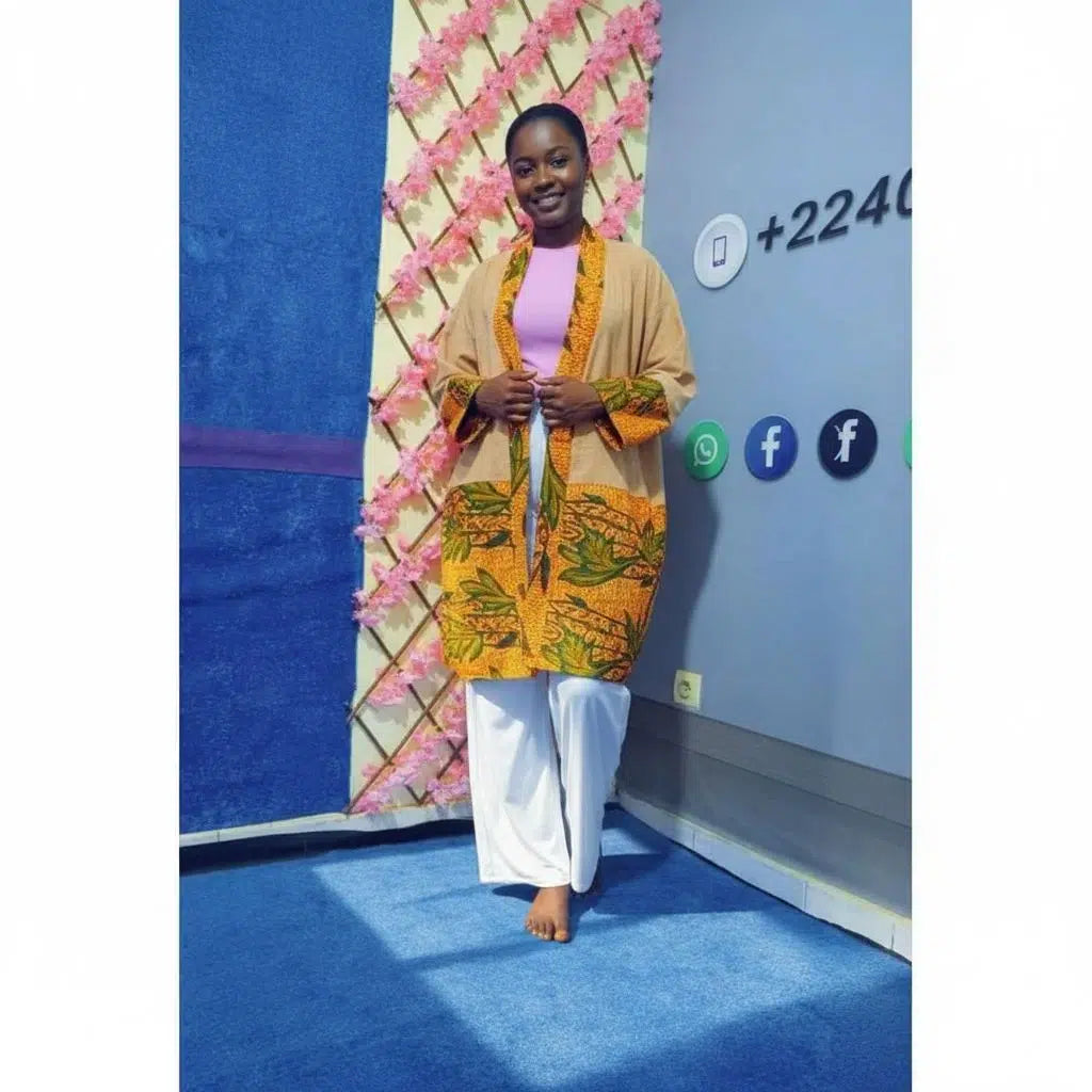 Kimono wax femme orange en coton, manteau long africain chic XL