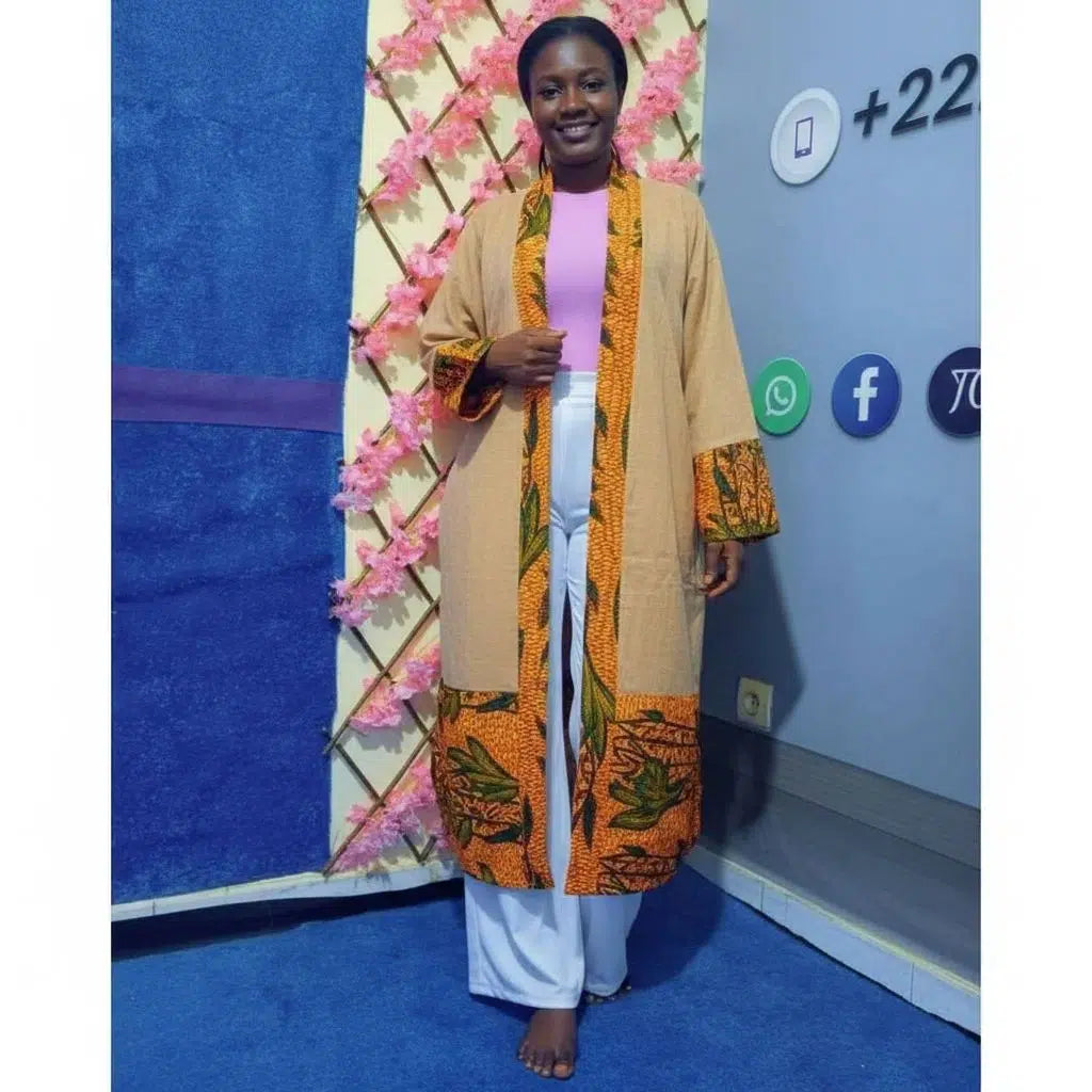 Kimono wax femme orange en coton, manteau long africain chic XL