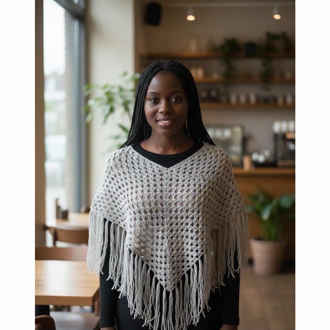 Poncho gris femme crocheté artisanal, élégant et chaud avec franges