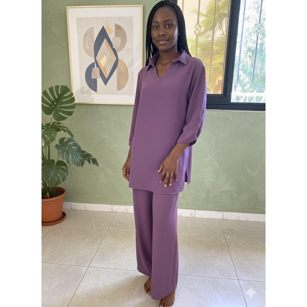 Ensemble pantalon large femme en jersey avec chemise, chic et confortable