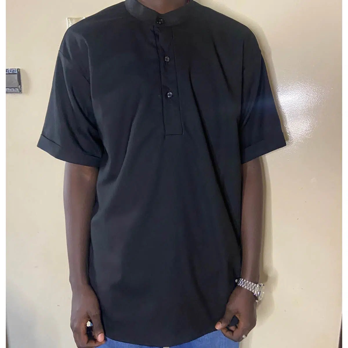 Chemise homme noire col mao, manches courtes