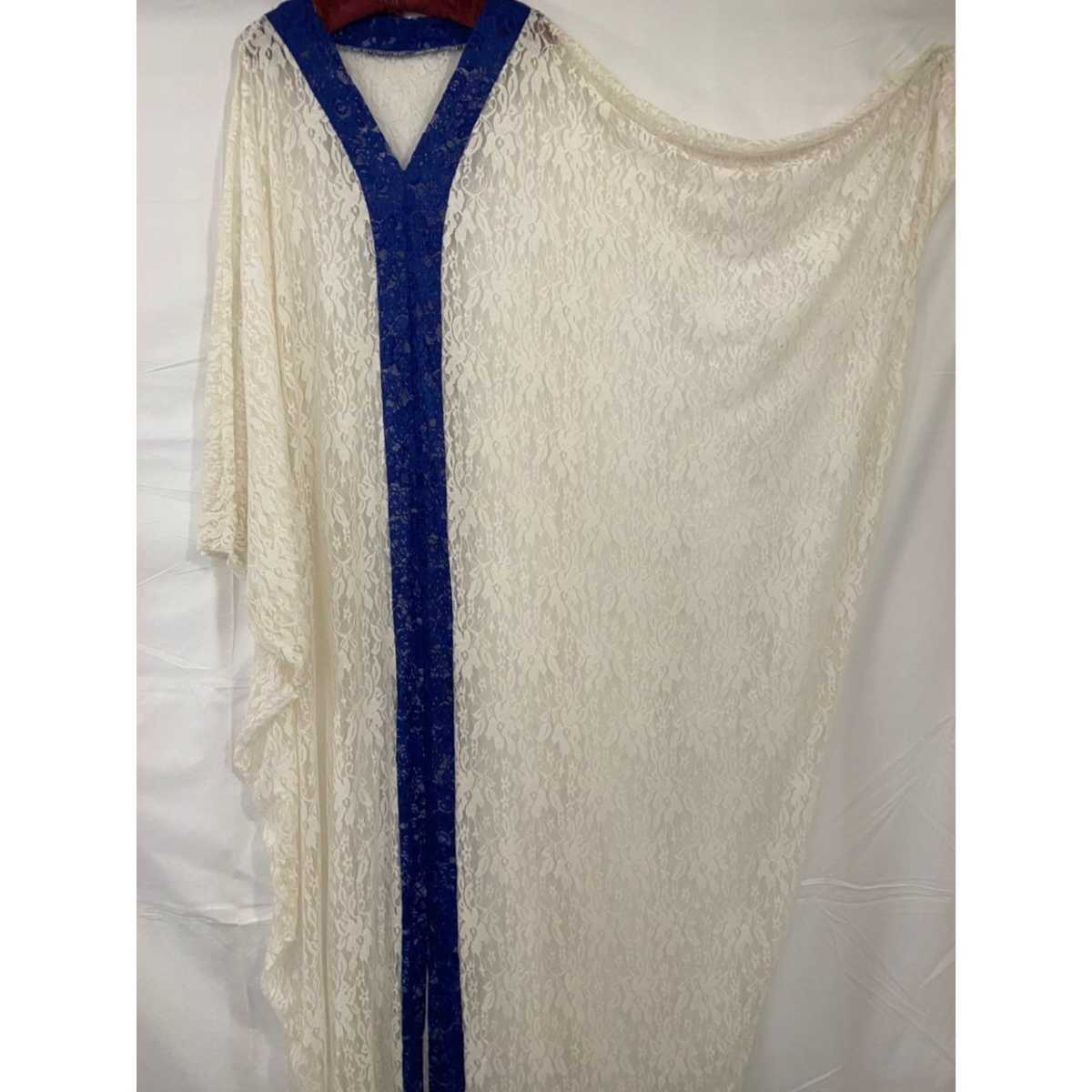 Boubou en dentelle chic bleu et blanc, robe longue élégante soirée femme