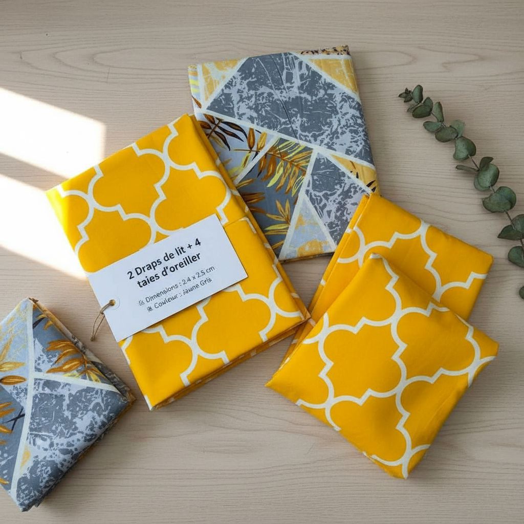 Linge de lit jaune et gris : 2 draps en coton et 4 taies motif géométrique