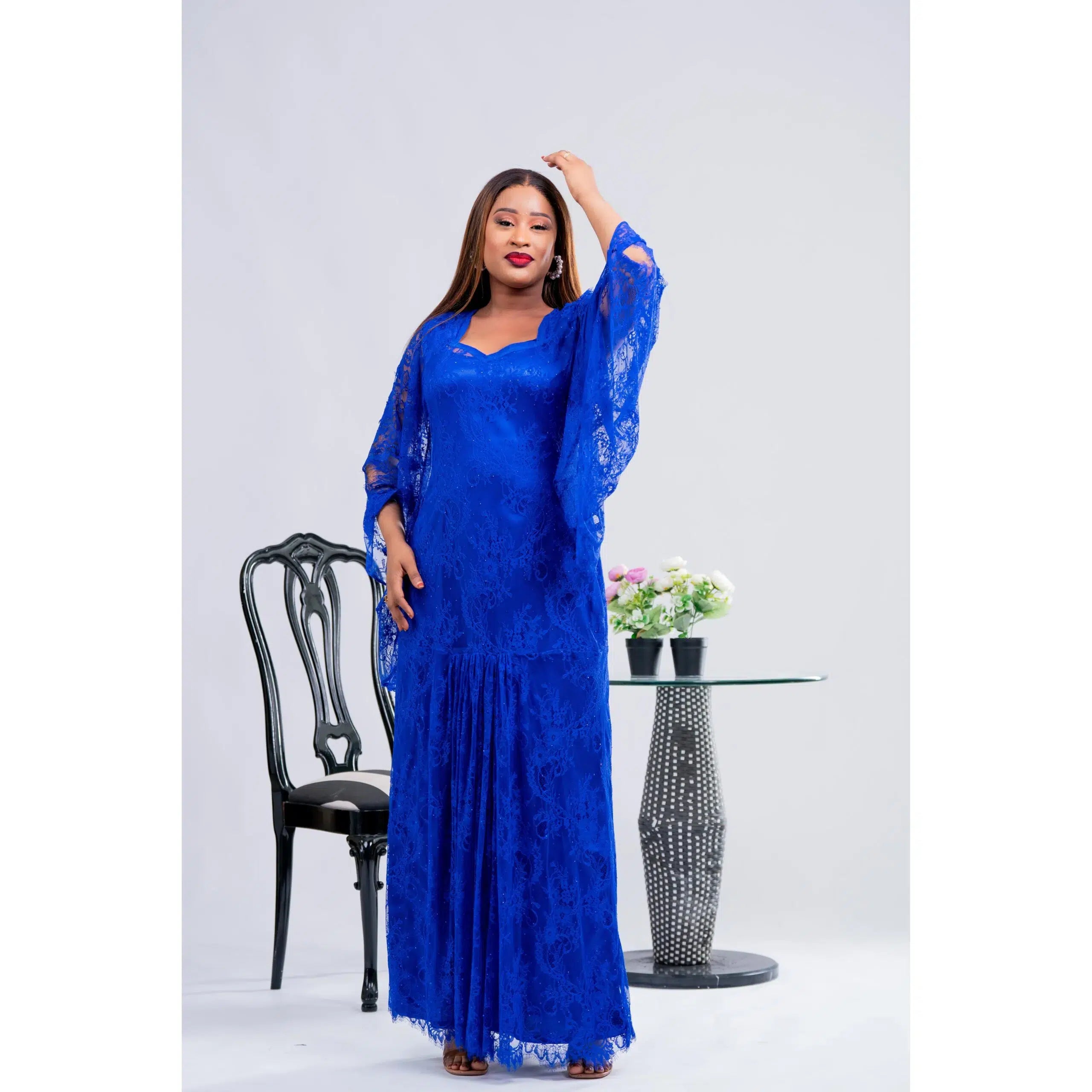 Robe dentelle longue femme bleu royal élégante cérémonie et soirée chic