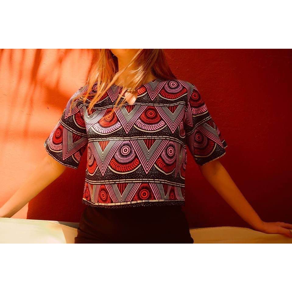 Crop top femme violet rayé Nelou, haut court élégant à col rond