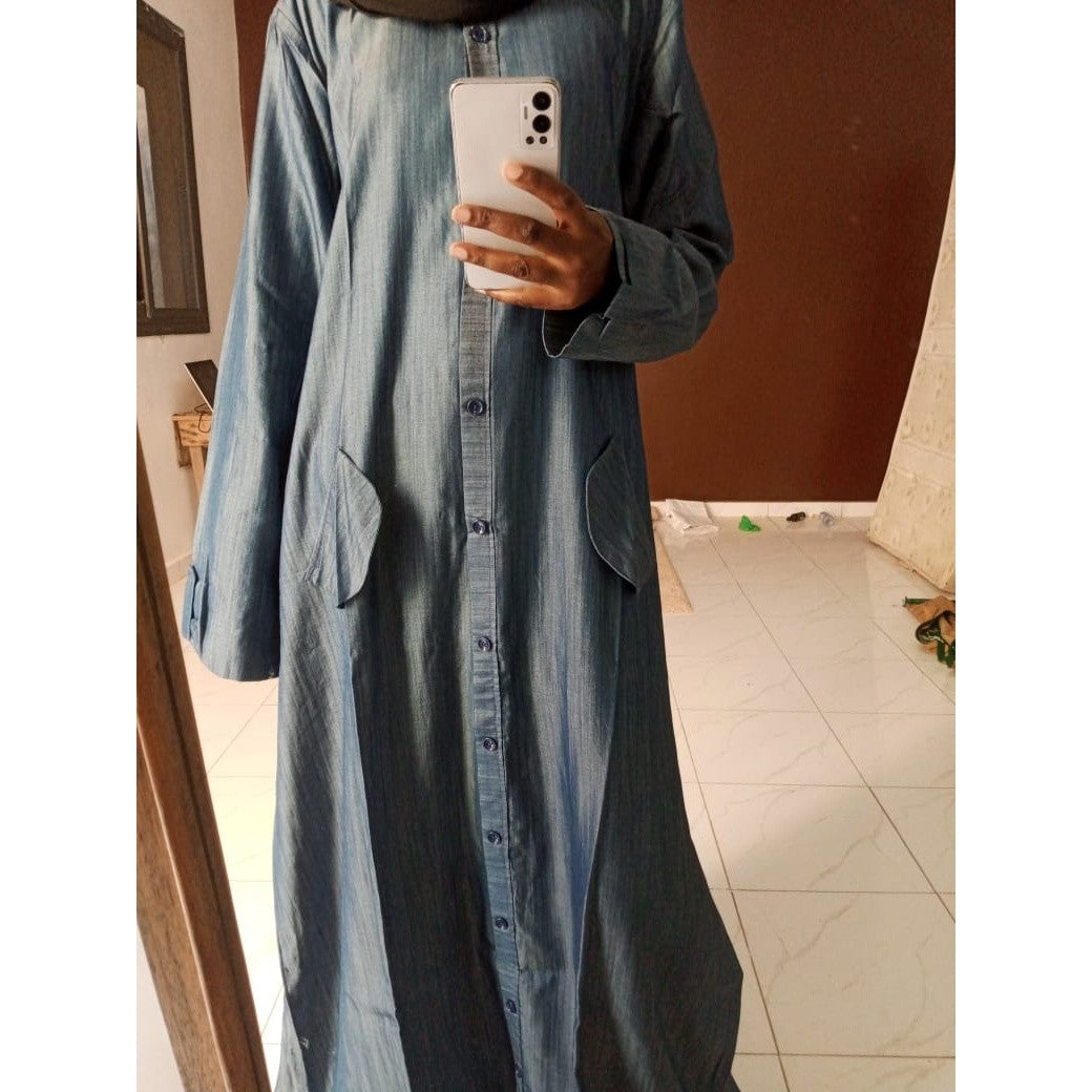 Robe longue jean femme ample bleu, boutonnée, confortable avec poches