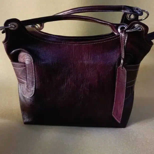 Sac à main cuir femme fait main rouge violet, élégant, double lanière, artisanal