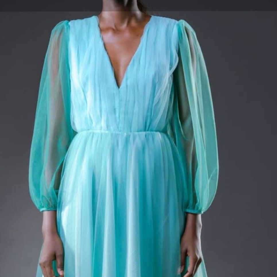 Robe Longue Femme Bleu Turquoise en Mousseline et Tulle