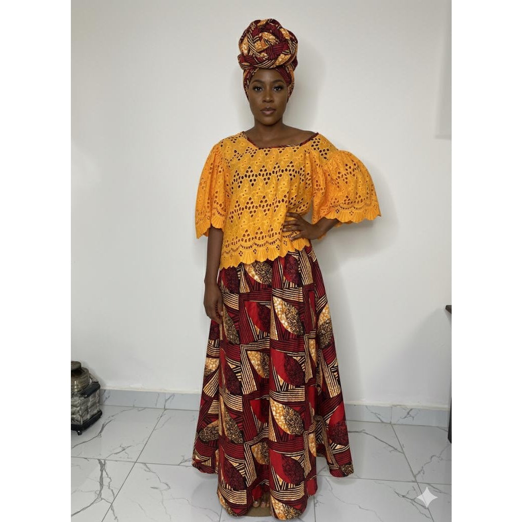 Jupe wax femme longue et haut brodé – Ensemble africain chic cérémonie