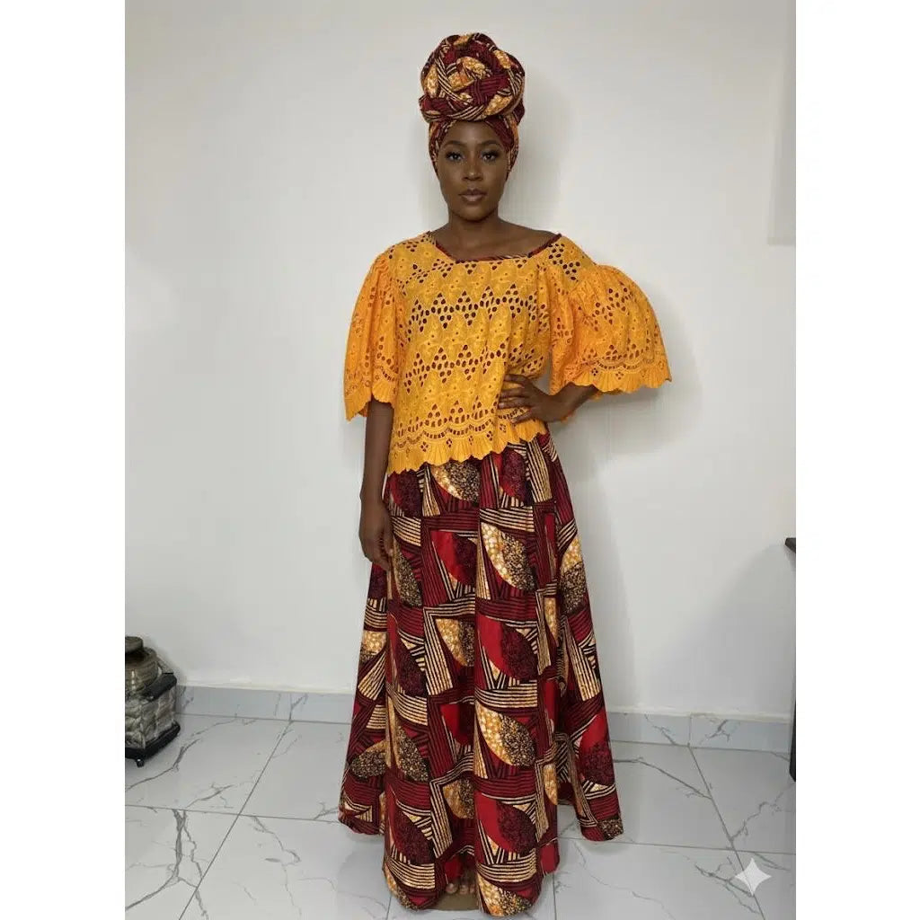 Jupe wax femme longue et haut brodé – Ensemble africain chic cérémonie
