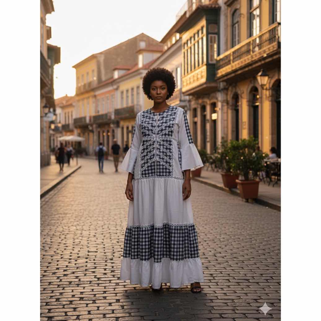 Robe patch en blanc et noir avec des détails en broderie