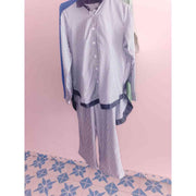 Ensemble chemise pantalon femme rayé bleu blanc, pyjama coton confortable