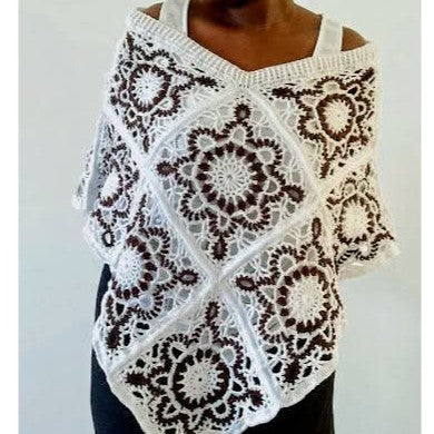 Poncho crochet femme réversible floral fait main beige marron bohème chic