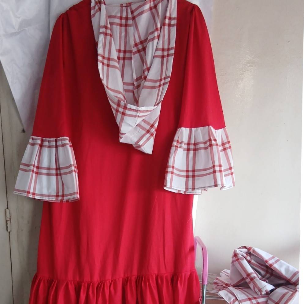Robe femme coton rouge blanc longue chic décontractée manches 3/4
