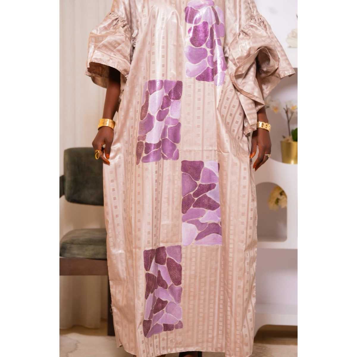 Boubou bazin peint à la main, robe traditionnelle africaine chic femme
