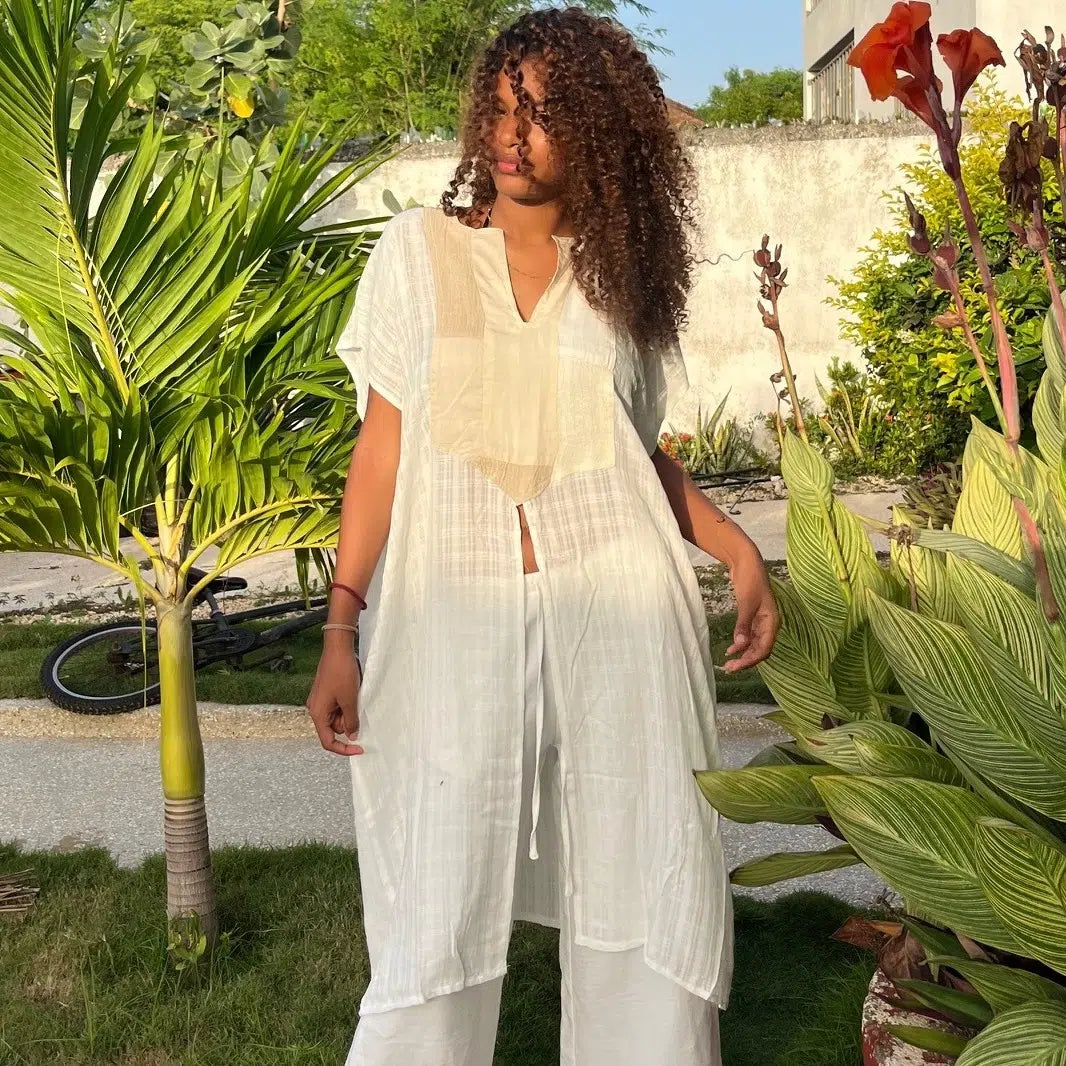 Tunique femme blanche en coton style patchwork