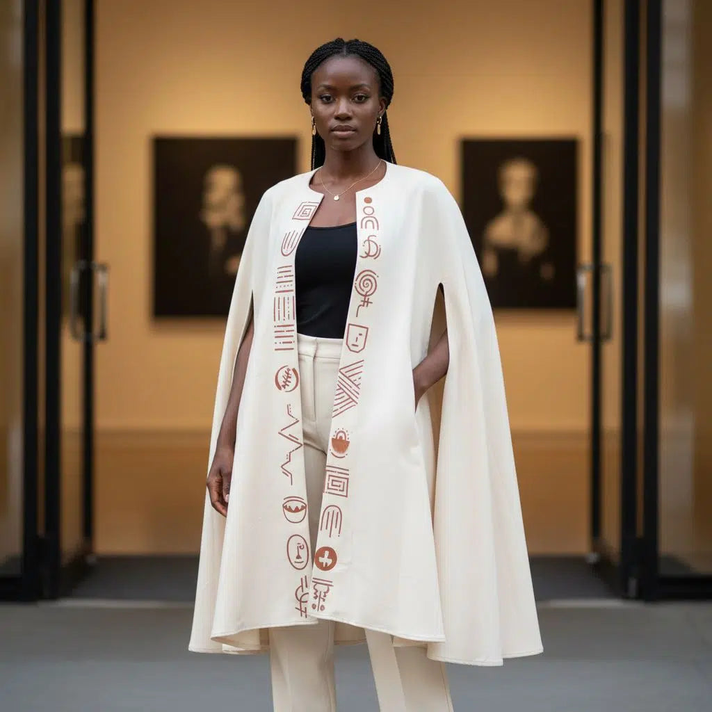 Manteau femme original motif africain peint main – Cape élégante ethnique