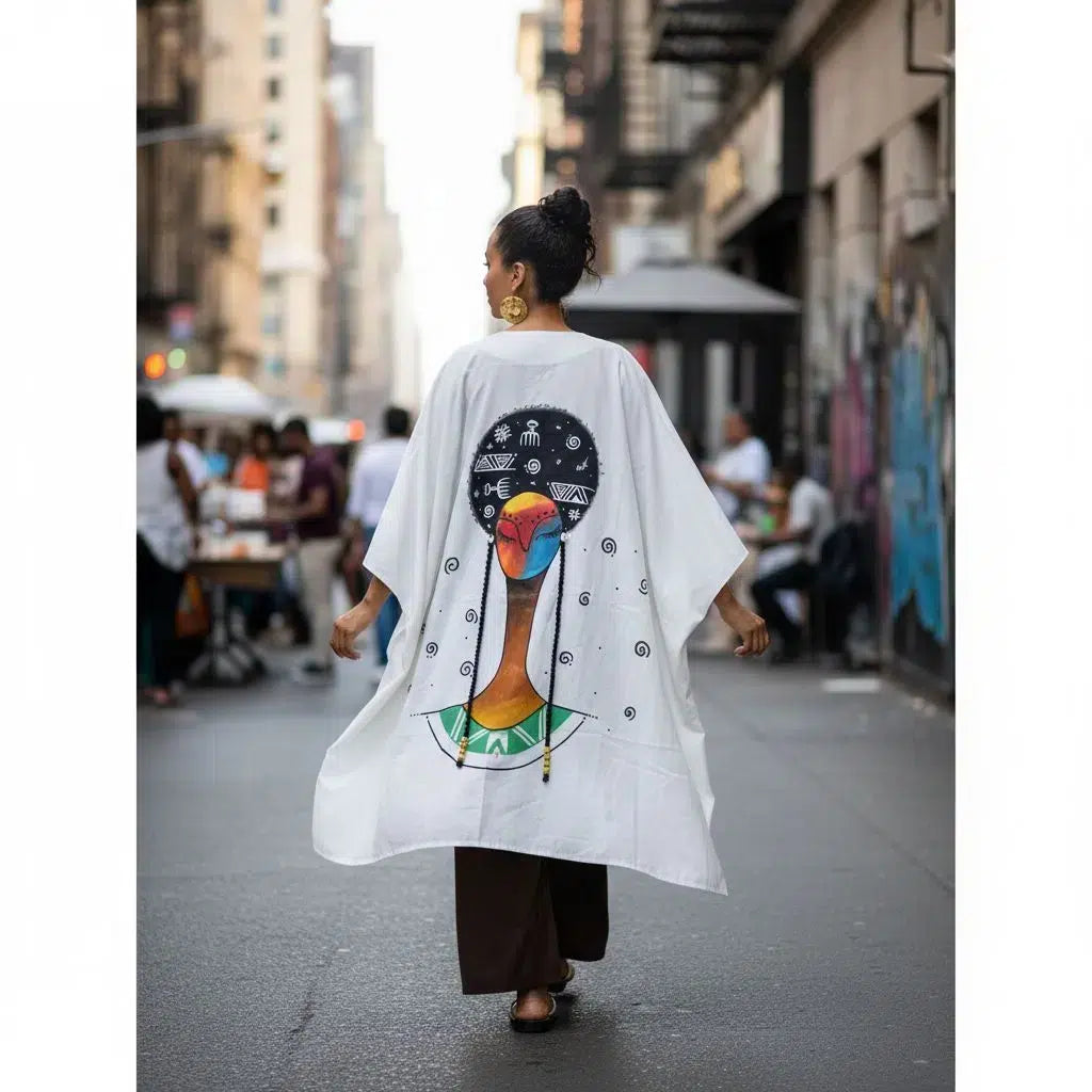 Kimono ample blanc pour femme peint à la main design africain