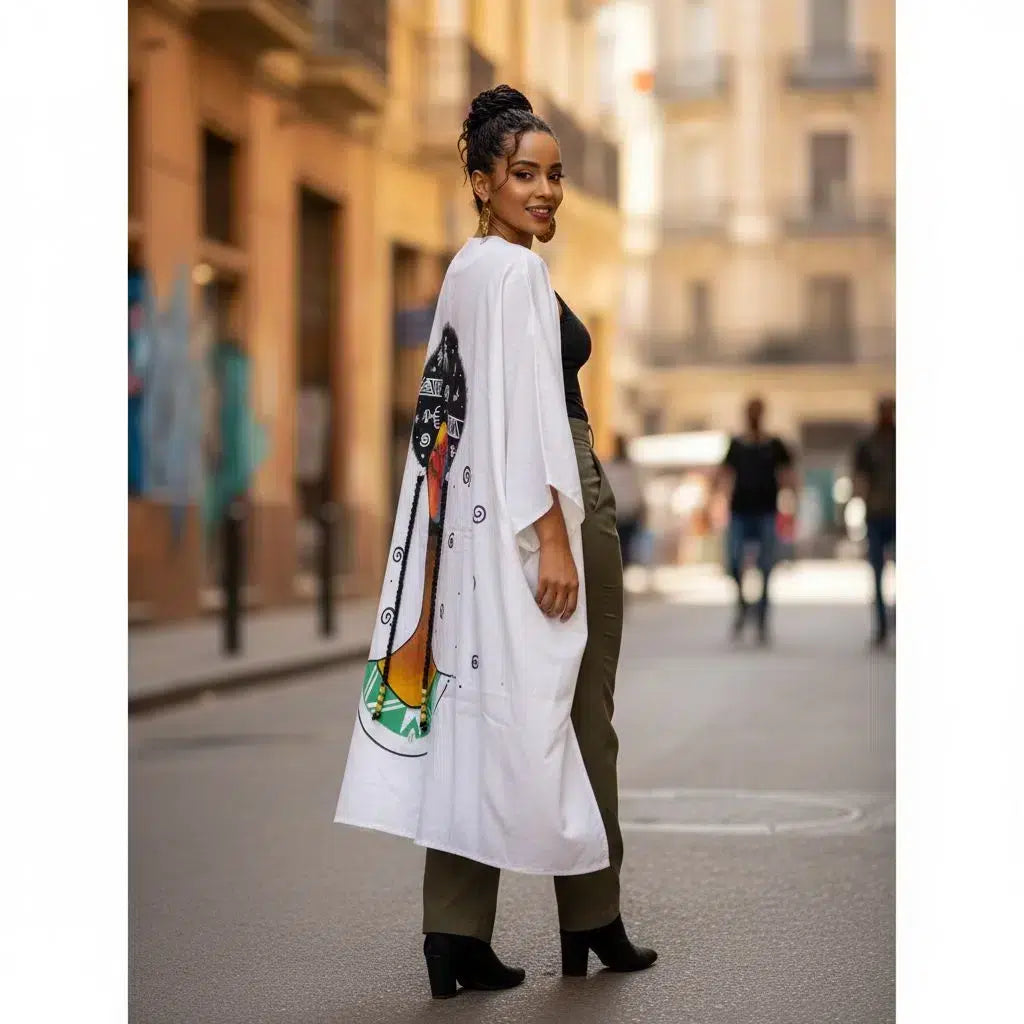 Kimono ample blanc pour femme peint à la main design africain