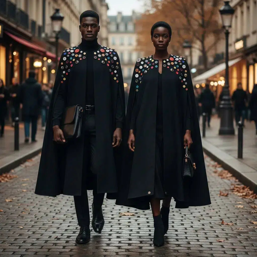 Manteau noir unisexe artistique, boutons multicolores, design original