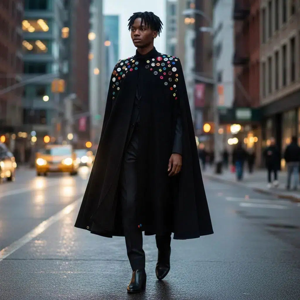 Manteau noir unisexe artistique, boutons multicolores, design original