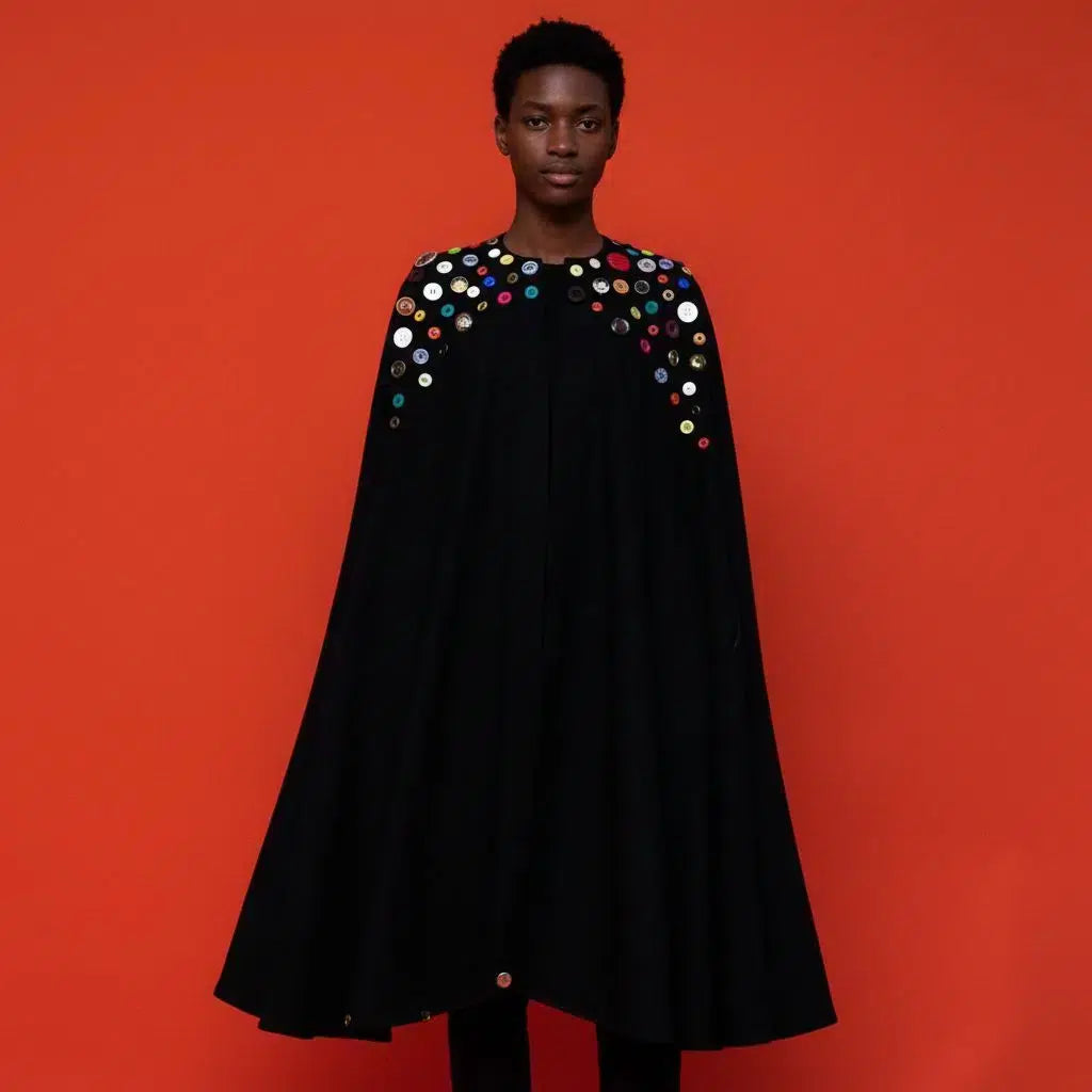Manteau noir unisexe artistique, boutons multicolores, design original