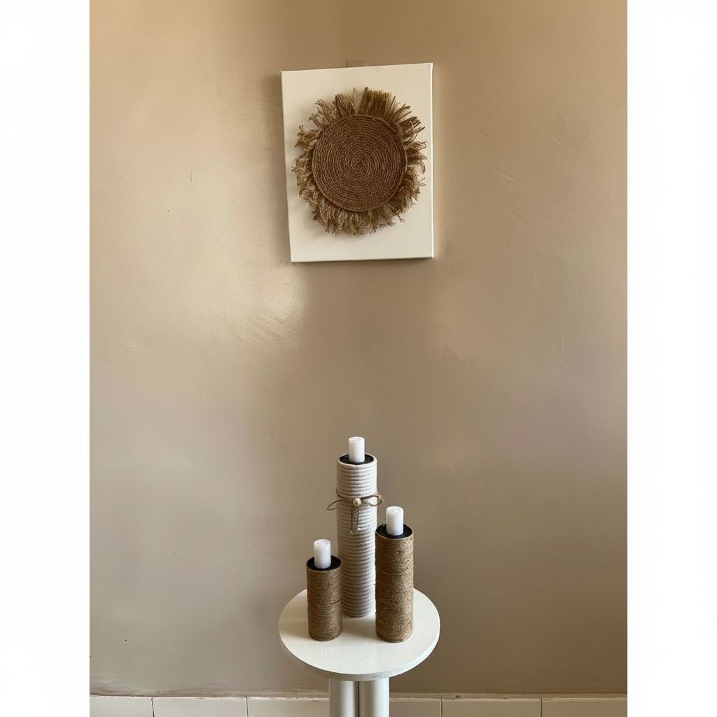 Mini table bois et corde avec tableau mural artisanal – Déco bohème chic