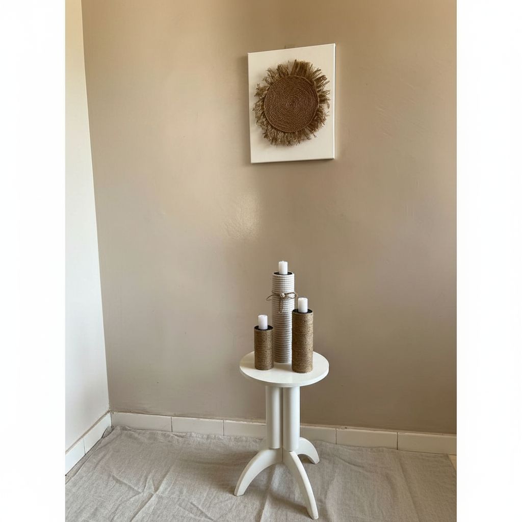 Mini table bois et corde avec tableau mural artisanal – Déco bohème chic